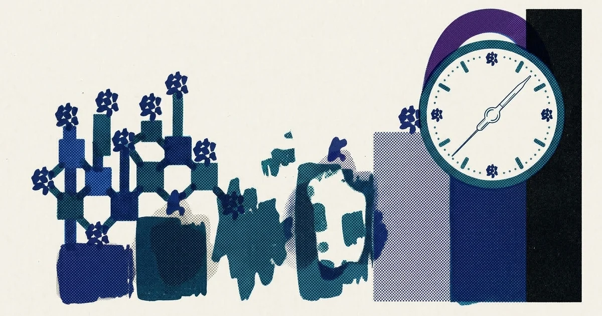 Screenprint illustration of a molecule lattice morphing into a clock face in blue and teal halftone